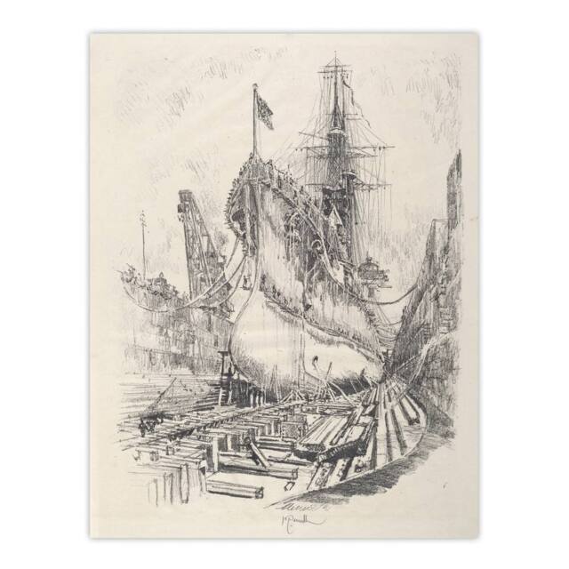 "Artery8 Joseph Pennell Large Warship In the Dry Dock Wall Art Print in Grey - Size: W12"" x H16""" - image 1