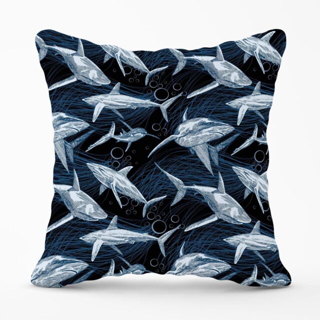 Warren Reed - Designer Hand Drawn Shark Pattern Outdoor Cushion in Blue - Size: 45 cm x 45 cm - image 1