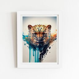 "Warren Reed - Designer Leapoard Face Splashart On Light Background Framed Art Print in White - Size: W20"" x H30""" - thumbnail 1