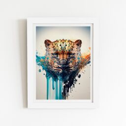 "Warren Reed - Designer Leapoard Face Splashart On Light Background Framed Art Print in White - Size: W20"" x H30""" - thumbnail 2