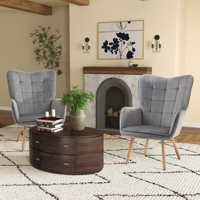 HOMCOM Modern Accent Chair Velvet-Touch Tufted Wingback Armchair Set of 2 in Grey - image 1