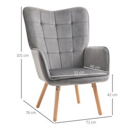 HOMCOM Modern Accent Chair Velvet-Touch Tufted Wingback Armchair Set of 2 in Grey - thumbnail 3