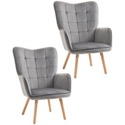 HOMCOM Modern Accent Chair Velvet-Touch Tufted Wingback Armchair Set of 2 in Grey - thumbnail 2