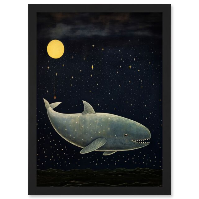 Artery8 Wall Art Print Whale Breach at Full Moon Reach for the Stars Conceptual Artwork Kids Bedroom Artwork Framed A4 in Black - image 1