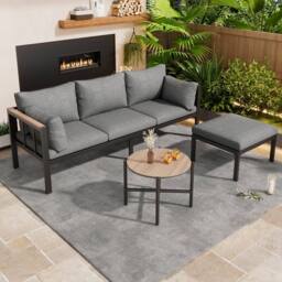 BTM Garden Furniture Set with Corner Sofa, Coffee Table & Footstool in Grey - thumbnail 2