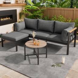 BTM Garden Furniture Set with Corner Sofa, Coffee Table & Footstool in Grey