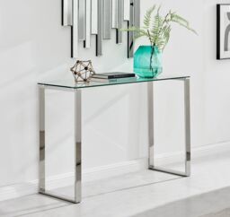 FurnitureboxUK Miami Modern Rectangular Clear Glass Console Table with Square Silver Chrome Metal Legs for Minimalist Living Room or Hallway