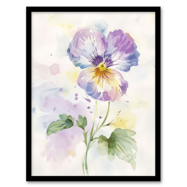 "Artery8 Single Purple Pansy Simple Floral Watercolour Framed Art Print - Size: W12"" x H16""" - image 1