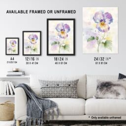 "Artery8 Single Purple Pansy Simple Floral Watercolour Framed Art Print - Size: W12"" x H16""" - thumbnail 3
