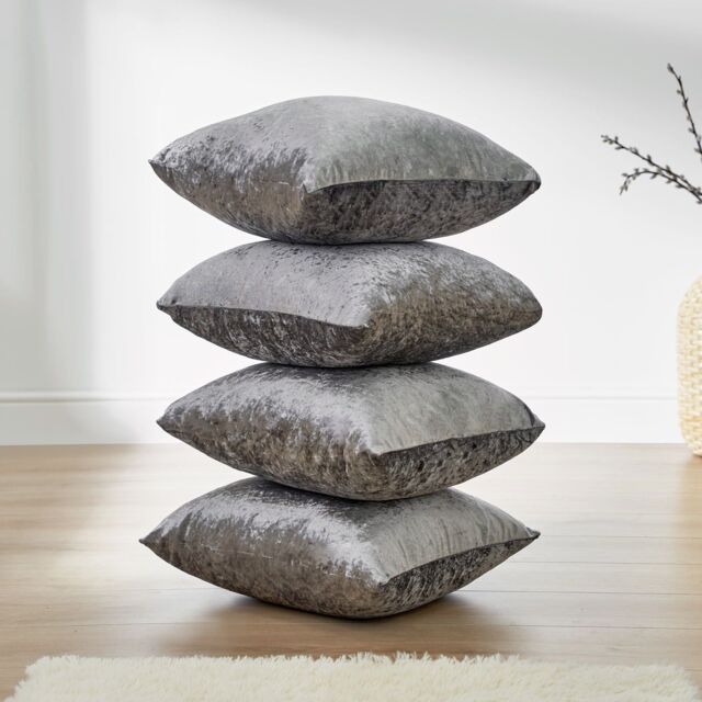 OHS Luxury Crushed Velvet Set of 4 Filled Cushions & Covers in Silver - image 1
