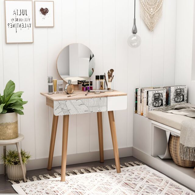 HOMCOM Wooden Compact Dressing Table Drawer Mirror 4 Legs Table Top Bedroom in Light Brown - image 1