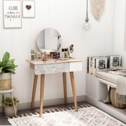 HOMCOM Wooden Compact Dressing Table Drawer Mirror 4 Legs Table Top Bedroom in Light Brown - thumbnail 1