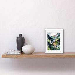 "Artery8 Wall Art Print Spring Mountain Slope Landscape Modern Linocut Artwork Framed 9X7 Inch in White - Size: W7"" x H9""" - thumbnail 2