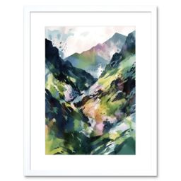 "Artery8 Wall Art Print Spring Mountain Slope Landscape Modern Linocut Artwork Framed 9X7 Inch in White - Size: W7"" x H9""" - thumbnail 1