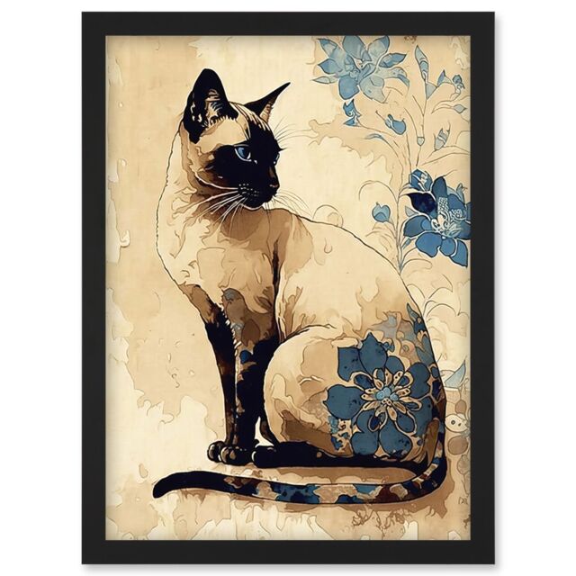 Artery8 Siamese Cat with Blue Flowers Watercolour & Ink Modern Illustration Artwork Framed Wall Art Print A4 in Black - image 1