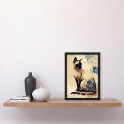 Artery8 Siamese Cat with Blue Flowers Watercolour & Ink Modern Illustration Artwork Framed Wall Art Print A4 in Black - thumbnail 2