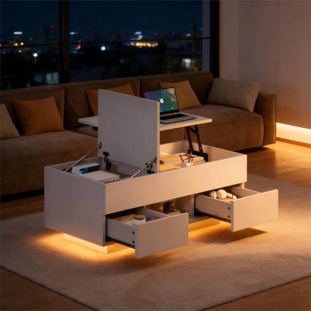 BTM Lift Top Coffee Table LED Drawers High Gloss Sofa Side Table in White - image 1