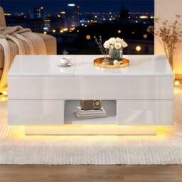BTM Lift Top Coffee Table LED Drawers High Gloss Sofa Side Table in White - thumbnail 4