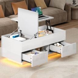 BTM Lift Top Coffee Table LED Drawers High Gloss Sofa Side Table in White - thumbnail 3