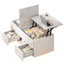 BTM Lift Top Coffee Table LED Drawers High Gloss Sofa Side Table in White - thumbnail 6
