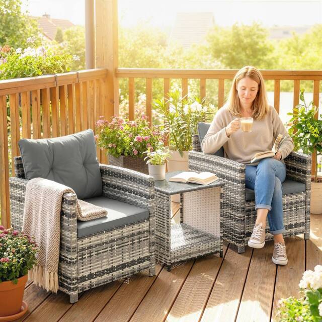 OUTSUNNY Rattan Garden Furniture Bistro Set with Cushion in Grey