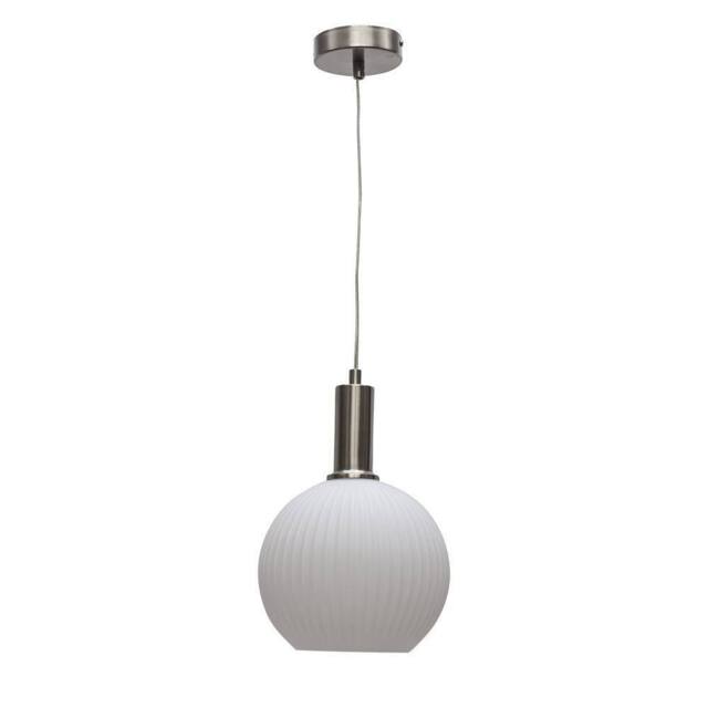 First Choice Lighting Betchley - White Ribbed Glass Globe Satin Nickel Deco Pendant Fitting - image 1