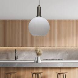 First Choice Lighting Betchley - White Ribbed Glass Globe Satin Nickel Deco Pendant Fitting - thumbnail 3