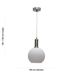 First Choice Lighting Betchley - White Ribbed Glass Globe Satin Nickel Deco Pendant Fitting - thumbnail 5