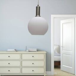 First Choice Lighting Betchley - White Ribbed Glass Globe Satin Nickel Deco Pendant Fitting - thumbnail 4
