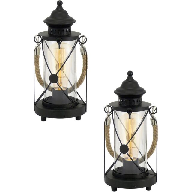 Loops 2 PACK Table Lamp Desk Light Black Steel & Glass Lantern Shade 1x 60W E27 - image 1