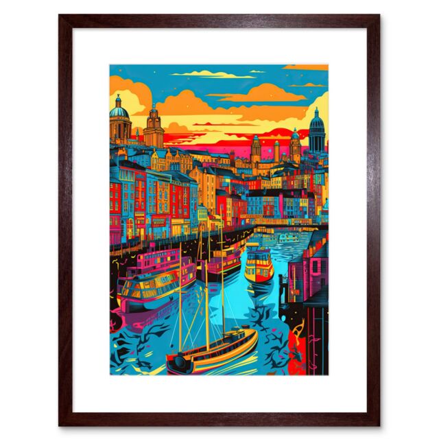 "Artery8 Wall Art Print Vibrant Liverpool City Waterfront Sunset Cityscape Artwork Framed 9X7 Inch in Brown - Size: W7"" x H9""" - image 1