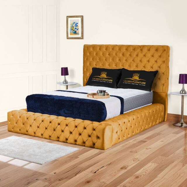 UK Bed Furniture Ambassador Upholstered Bed Frame with 54-inch Headboard - Slatted Base in Mustard - Size: Super King - image 1