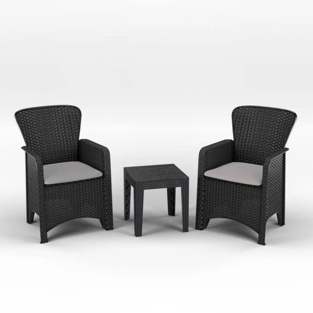 FORGEVIO Black Rattan Effect 2 Armchairs & Side Table Garden Bistro Set - image 1