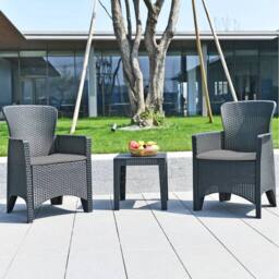 FORGEVIO Black Rattan Effect 2 Armchairs & Side Table Garden Bistro Set - thumbnail 3