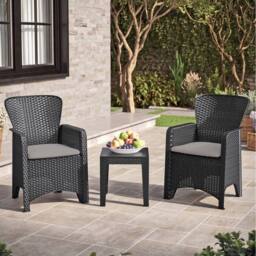 FORGEVIO Black Rattan Effect 2 Armchairs & Side Table Garden Bistro Set - thumbnail 5