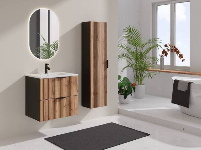 Vente-unique Fluted Wall-Hung Bathroom Unit With Inset Basin & Tall Unit - Light in Black - image 1