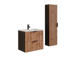 Vente-unique Fluted Wall-Hung Bathroom Unit With Inset Basin & Tall Unit - Light in Black - thumbnail 2