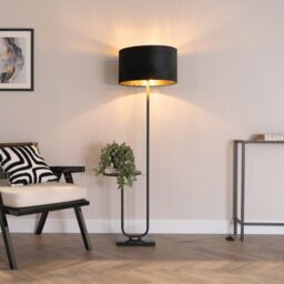 ValueLights Tavel Black Floor Lamp with Table & Black Velvet & Gold Lamp Shade & Bulb