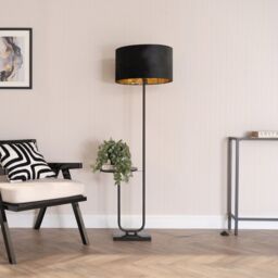 ValueLights Tavel Black Floor Lamp with Table & Black Velvet & Gold Lamp Shade & Bulb - thumbnail 3