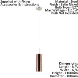 Loops Pendant Light Satin Nickel Shade Copper Coloured Glass Vaporized Bulb E27 1x15W - thumbnail 2