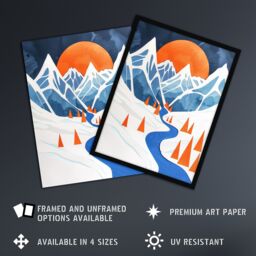 Artery8 Abstract River Mountain Winter Snow Landscape Framed Wall Art in Blue - Size: A4 - thumbnail 2