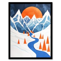 Artery8 Abstract River Mountain Winter Snow Landscape Framed Wall Art in Blue - Size: A4 - thumbnail 1