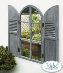 Primrose 2ft 9in x 1ft 6in Arched Glass Garden Mirror with Wooden Shutters - by Reflect™ in Silver - thumbnail 1