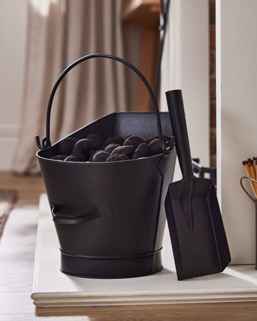 Dibor Vintage Style Black Fireplace Storage Fireside Kindling Coal Scuttle Bucket with Folding Handle & Scoop - image 1