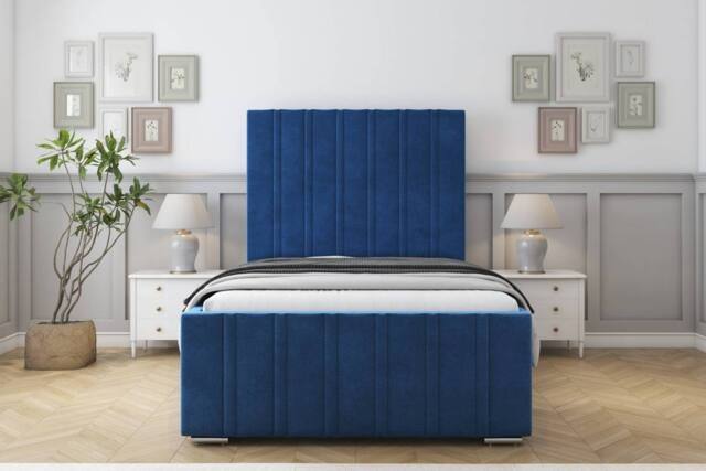 "Sloomy Radcliffe Plush Bed Frame With 50"" Upholstered Headboard in Navy - Size: Double" - image 1
