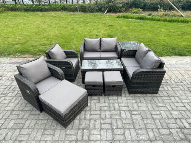 Fimous 9 Seater Rattan Garden Furniture Set Outdoor Patio Sofa, Table & Chairs Coffee Table 3 Footstools Ideal for Pool Side, Balcony, Outdoor Set - image 1