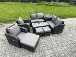 Fimous 9 Seater Rattan Garden Furniture Set Outdoor Patio Sofa, Table & Chairs Coffee Table 3 Footstools Ideal for Pool Side, Balcony, Outdoor Set - thumbnail 2