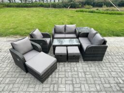 Fimous 9 Seater Rattan Garden Furniture Set Outdoor Patio Sofa, Table & Chairs Coffee Table 3 Footstools Ideal for Pool Side, Balcony, Outdoor Set - thumbnail 1