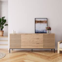 BIMOSSA Alya 180 cm Sideboard Cabinet with Fluted Doors, Drawers & Storage in Light Oak