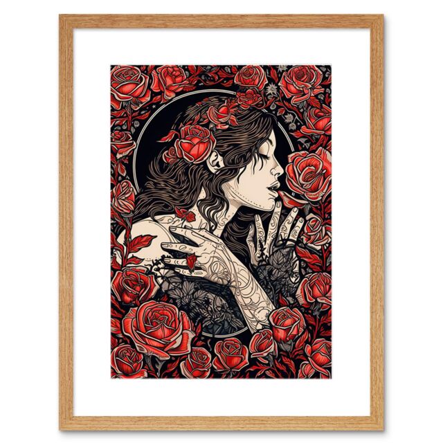 "Artery8 Wall Art Print Kiss from a Rose Red & Black Floral Artwork Framed 9X7 Inch in Beige - Size: W7"" x H9""" - image 1